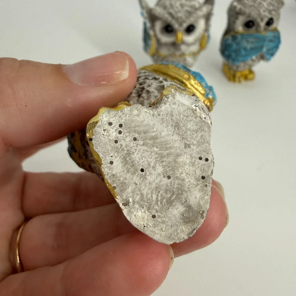 See, Hear & Speak No Evil Owl Set Figurine Statue Silver Gold‎ Blue 2.5